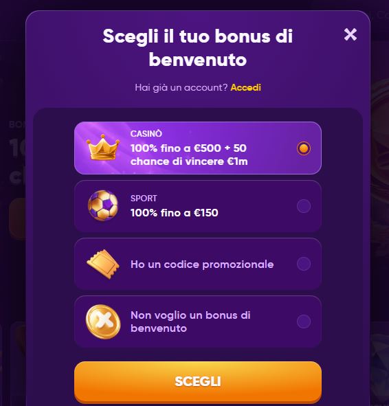 Scegli il tuo bonus di benvenuto al Kingmaker Casino